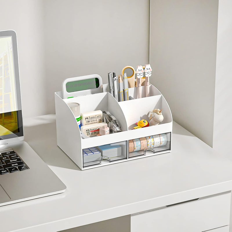 COMFYROOM Desk Organizer with 6 Compartments and 2 Drawers, Plastic Makeup Organizer, Pen Holder for Desktop Storage, Desk Organization for School, Home, Office Supplies (White) - Image 5